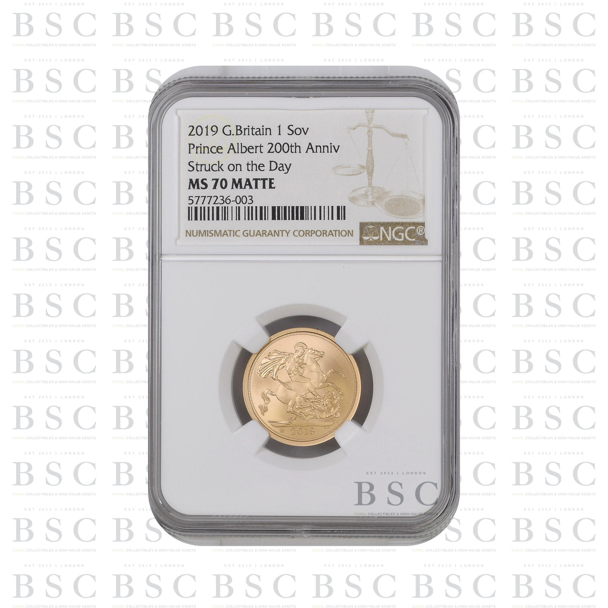 2019 Full Sovereign Albert Celebration Sovereign Struck on (26 Aug 19) - Gold Coin - NGC MS70 Matte