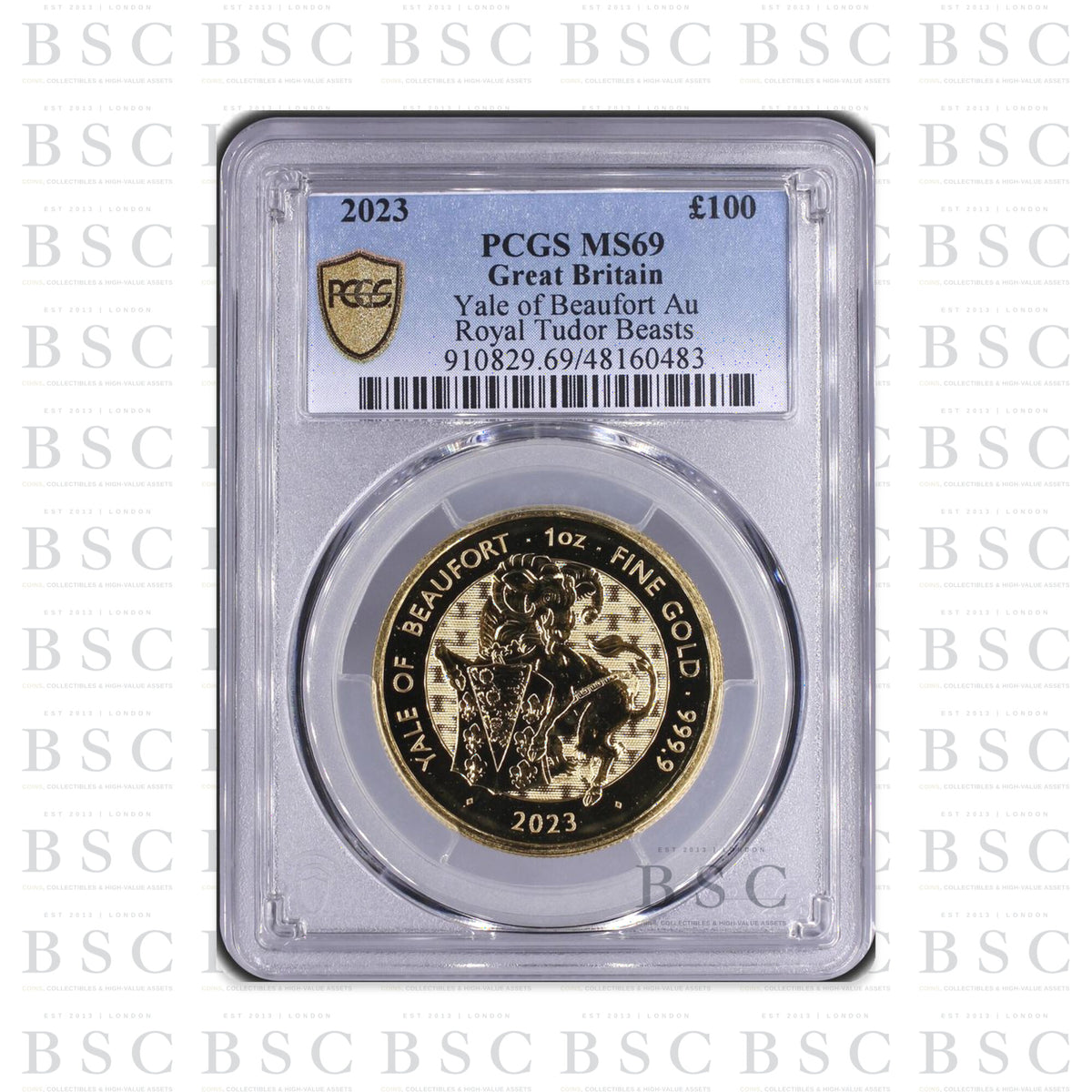 2023 1oz £100 Royal Tudor Beasts Yale of Beaufort Gold Coin MS69 PCGS