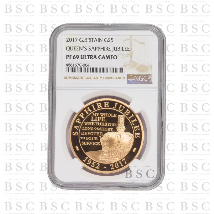 2017 £5 Queen’s Sapphire Jubilee Proof Gold Coin PF69 NGC