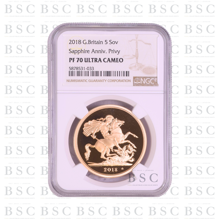 2018 £5 Quintuple Sovereign St George Sapphire Privy Proof Gold Coin PF70 NGC